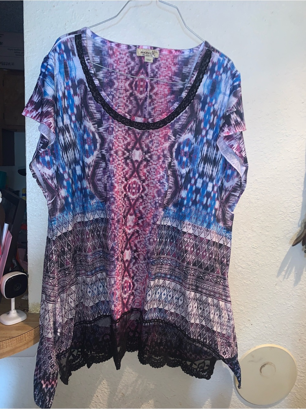 ONE WORLD Multicolor Scoop-Neck Blouse with Black Lace Trim